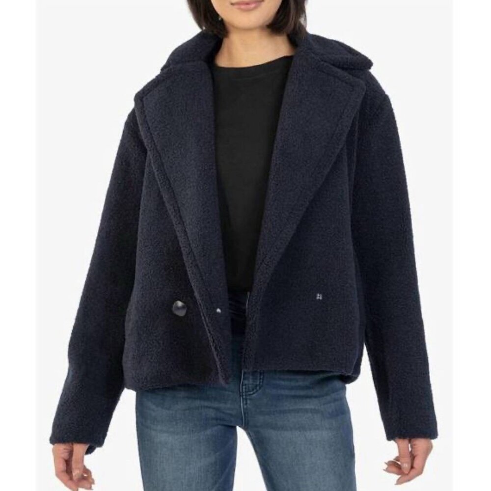 Kut From The Kloth Women Sherpa Fleece Emaline Double Breasted Jacket Navy Sz XS